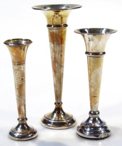 Three silver trumpet shaped flower specimen vases