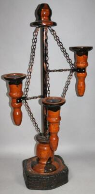 A pair of modern hardwood and metal freestanding garden chandelier sculptures - 3