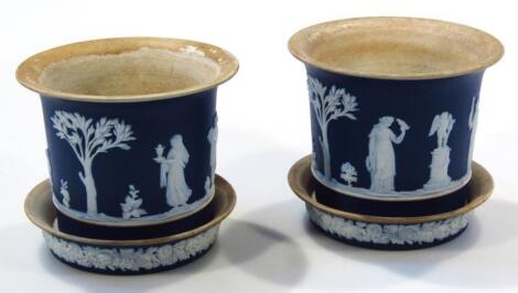 A pair of 19thC Wedgwood dark blue Jasperware jardinieres