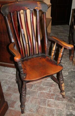 A 19thC ash and elm slat back grandfather chair