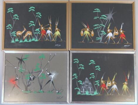 H Bon (20thC). African Hunting pictures probably gouache on paper