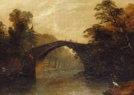 Early 19thC English School. Figure aside stream with bridge and trees in the distance