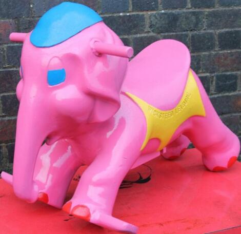 A painted metal Wicksteed Leisure novelty metal elephant from a Flying Elephant Ride