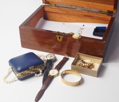 A Victorian mahogany box containing costume jewellery and watches