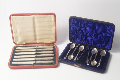 A set of six Victorian silver teaspoons and a pair of sugar tongs