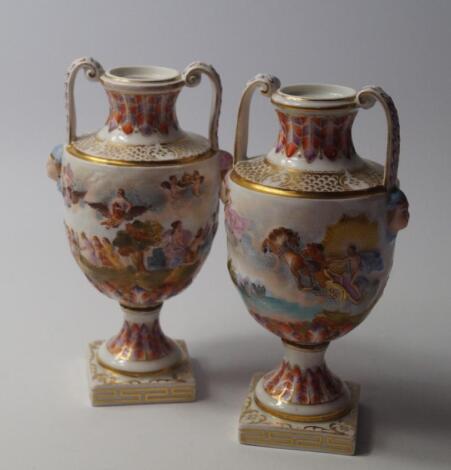 A pair of late 19thC Crown Naples porcelain twin handled vases