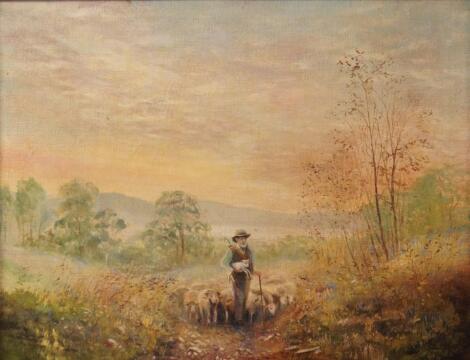 English School (20thC). Shepherd and sheep at sunset