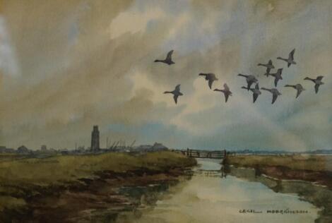 Cecil Hodginson (1895-1979). Wild Geese over Lincolnshire Marshes