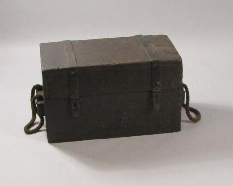 An early 20thC oak and iron bound maintenance box for pneumatic tools