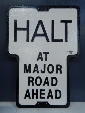 A British Rail cast aluminium Halt at Major Road Ahead sign