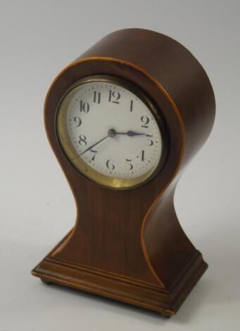 An Edwardian mahogany and boxwood line inlaid balloon mantel clock