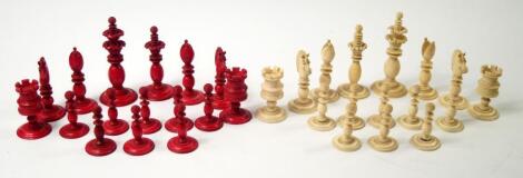 A 19thC white and red stained ivory chess set attributed to Calvert of Fleet Street