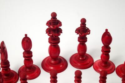 A 19thC white and red stained ivory chess set attributed to Calvert of Fleet Street - 3