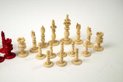 A 19thC white and red stained ivory chess set attributed to Calvert of Fleet Street - 4