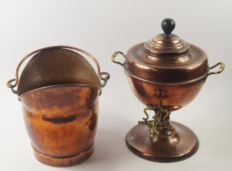 A Victorian copper and brass twin handled baluster tea urn