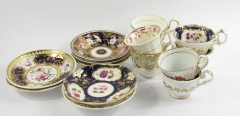 A group of early to mid 19thC porcelain tea cups and saucers