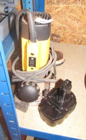 A DeWalt router and a DeWalt cordless drill/driver and charger.