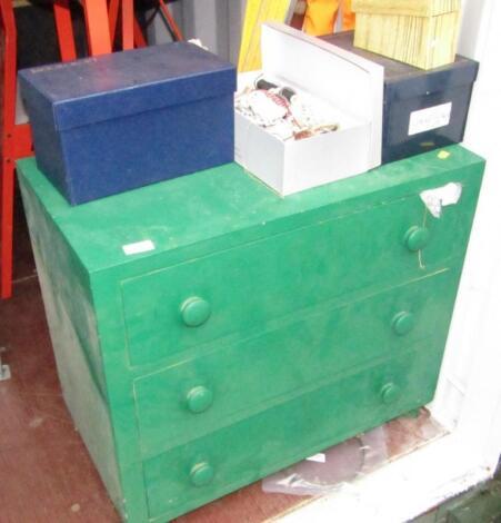 A green painted pine three drawer chest