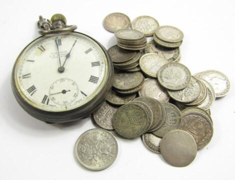 A George V silver open faced keyless wind pocket watch