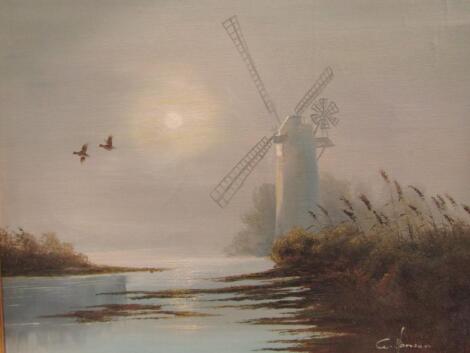 W Hansen (20thC). Riverscape with windmill