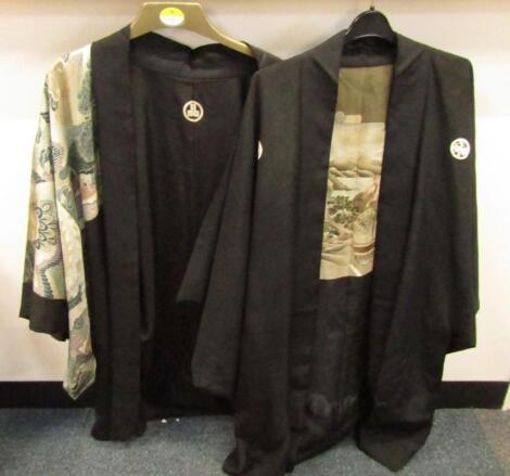 Two Japanese black silk kimonos