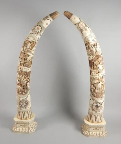 An unusual pair of early 20thC Japanese bone tusks