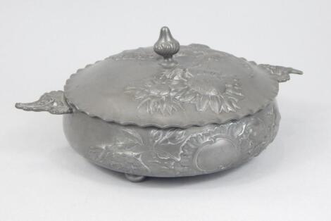 A late 19th/early 20thC Kayserzinn pewter two handled jar and cover