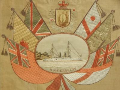 A late 19thC embroidered ship picture