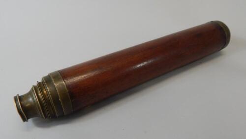 A brass and mahogany three draw telescope stamped Harris & Sons