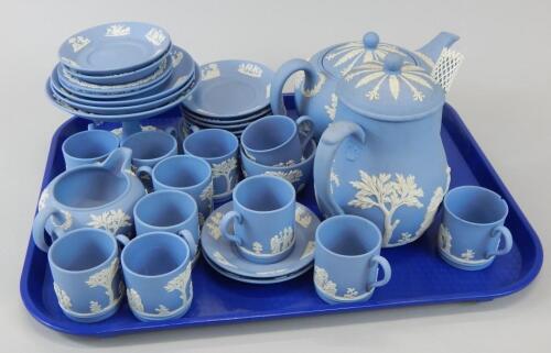 A large quantity of Wedgwood pale blue Jasperware teaware