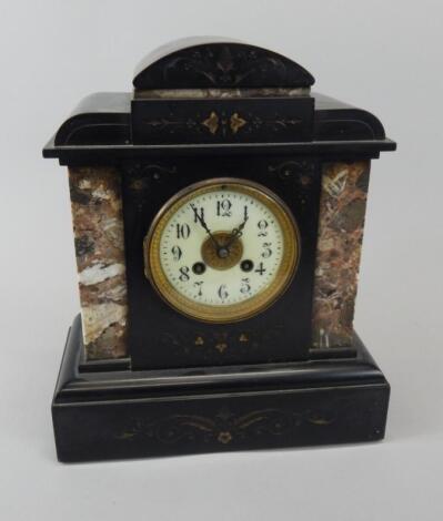 A French black slate and marble mantel clock