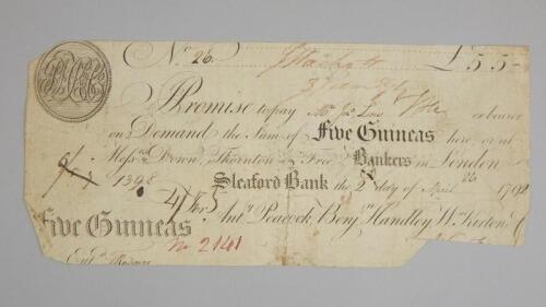 An 18thC Sleaford Bank five guinea banknote