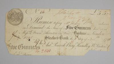 An 18thC Sleaford Bank five guinea banknote