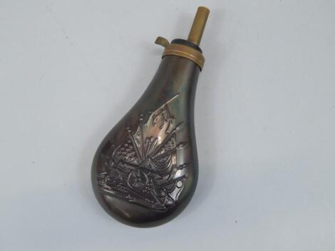 A bloomed copper and brass powder flask