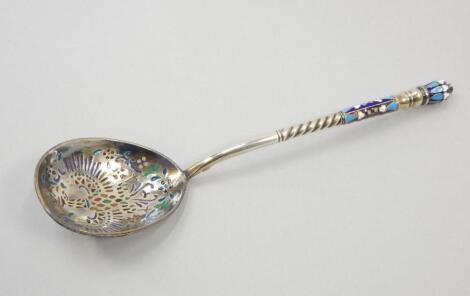 A Russian white metal champleve enamel spoon