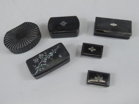 Six 19thC papier mache snuff boxes