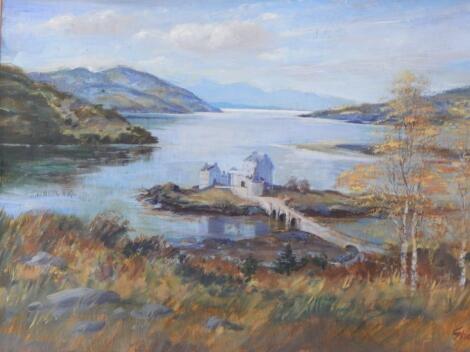 D.H. Shearer. Loch scene with castle