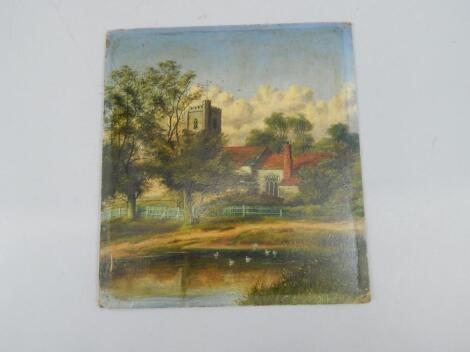 19thC English School. Church with village pond in foreground