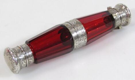A Victorian cranberry glass double ended perfume bottle