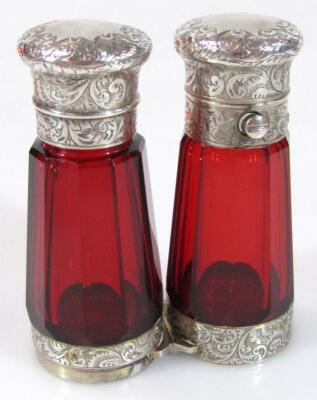 A Victorian cranberry glass double ended perfume bottle - 3