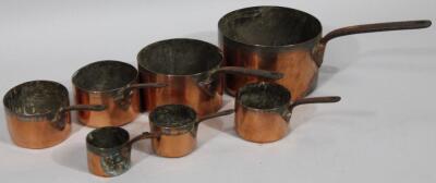 A graduated set of seven late 19th/early 20thC copper pans and lids - 3