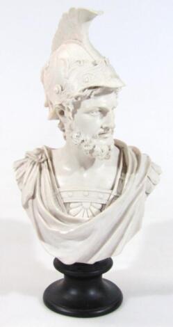 A Parian bust of Ajax in flowing robe and elaborate helmet