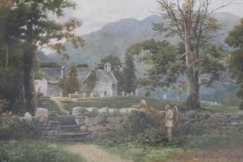 S Bourne (19thC). Village church scene with figures