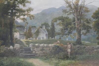 S Bourne (19thC). Village church scene with figures