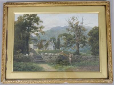 S Bourne (19thC). Village church scene with figures - 2