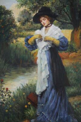 English School. Figure of a lady in flowing robes aside stream and trees on a summer's day