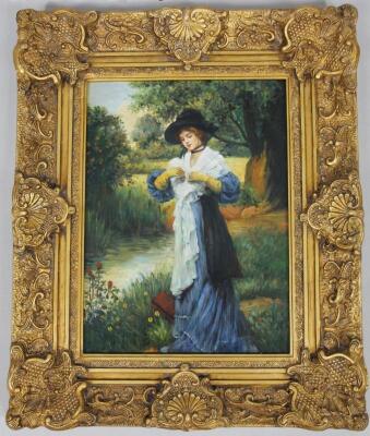 English School. Figure of a lady in flowing robes aside stream and trees on a summer's day - 2