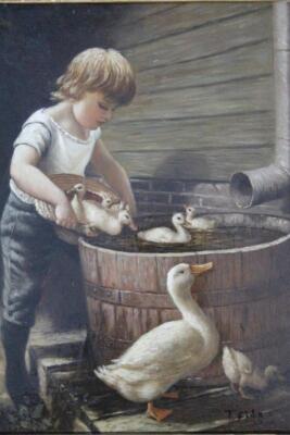 T Fits (20thC). Child bathing ducks in a barrel