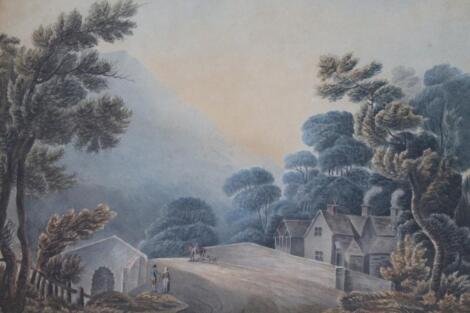 19thC School. Figure on horseback and other figures on a path before cottage trees and mountains