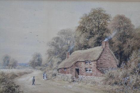 19thC School. Figures on a path before cottage with smoking chimney